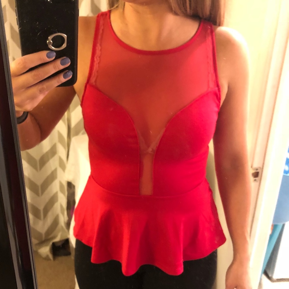 Red Peplum Top with Mesh